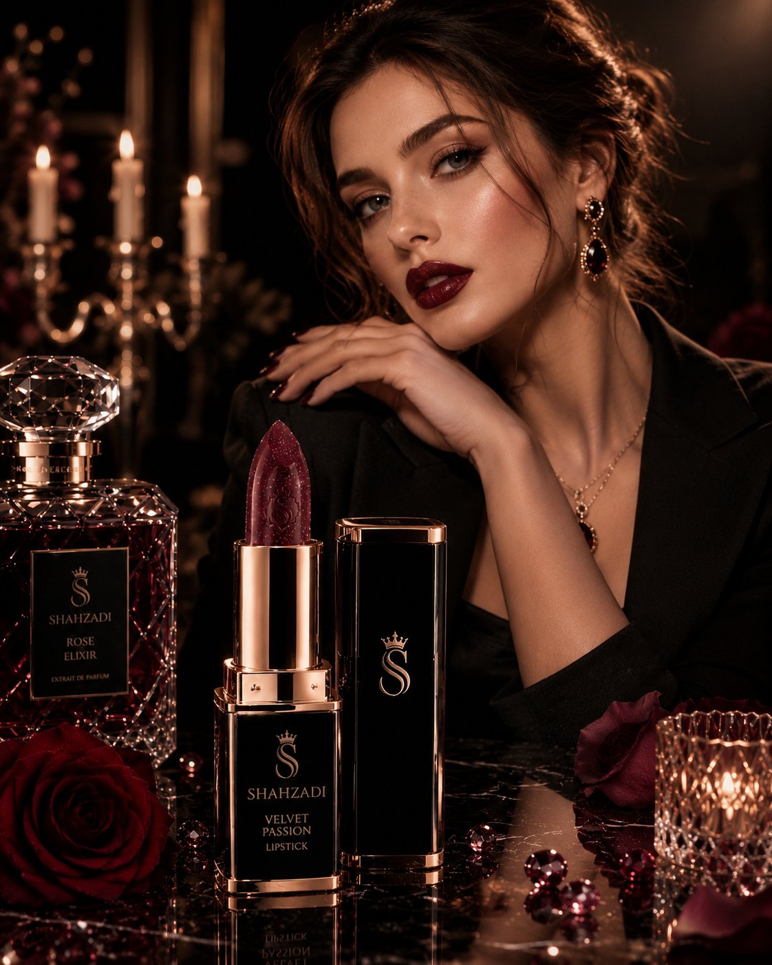 奢华电影感美妆广告提示词 / Luxury Beauty Advertisement Prompt，人像与摄影，人像、电影感、时尚，案例输出图 2
