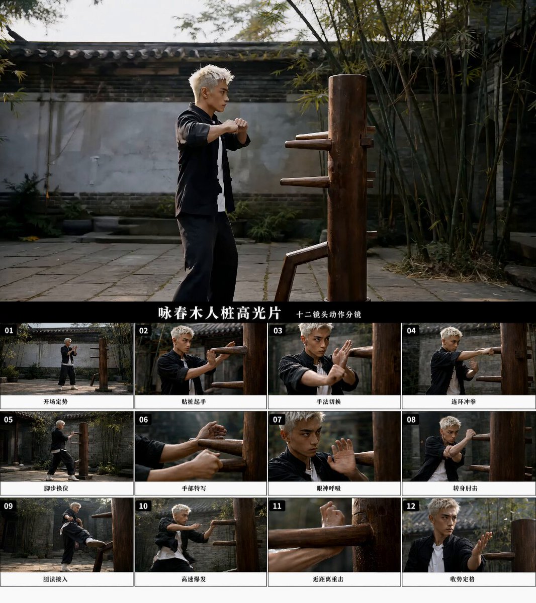 电影级醉拳动作分镜十二格 / Drunken Fist Action Storyboard,UI 与社交媒体截图,35mm、电影感、插画,案例输出图 1
