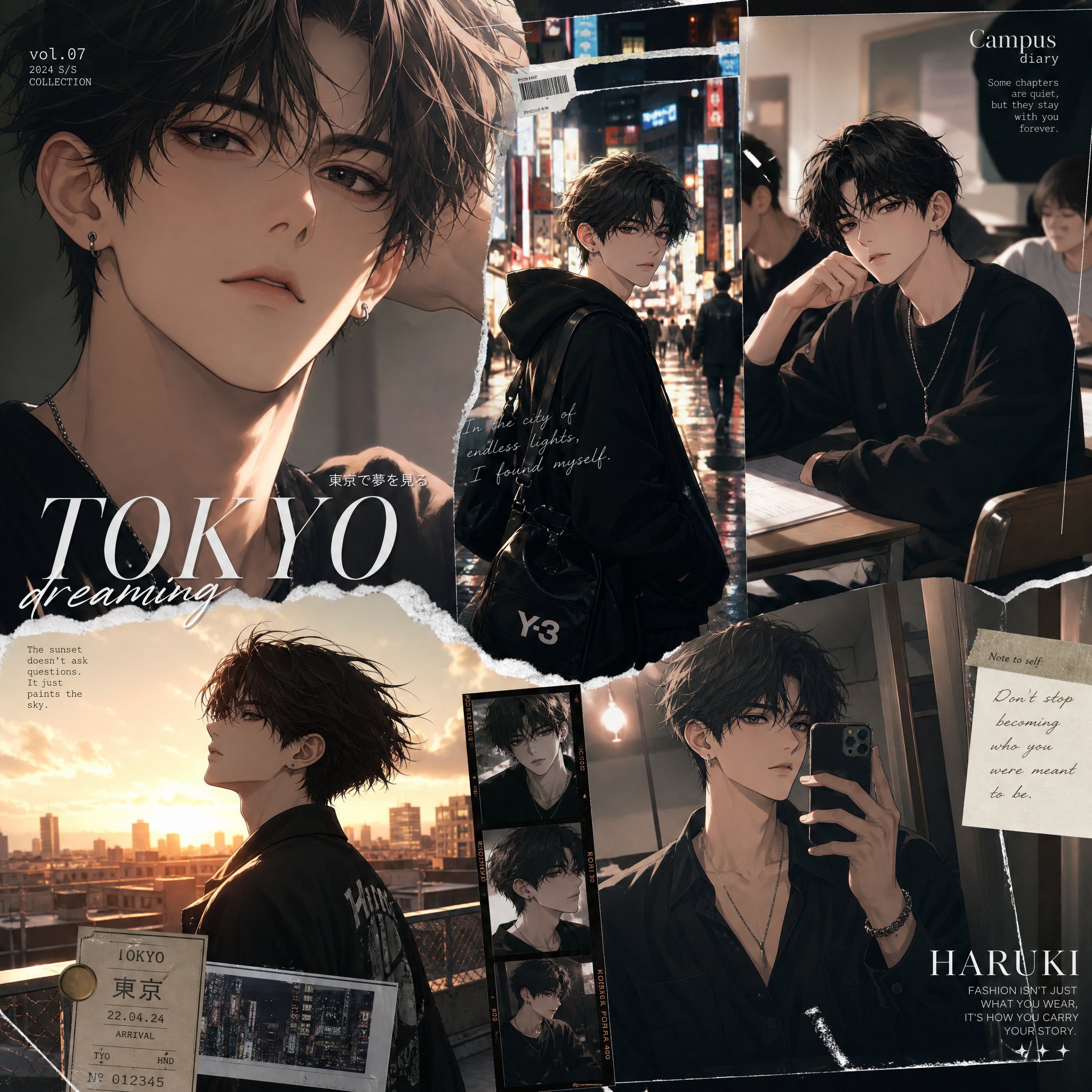 好莱坞奢华动漫时尚男大生拼贴画 / Hollywood Luxury Anime Fashion Editorial Collage，角色设计，35mm、霓虹、人像，案例输出图 1