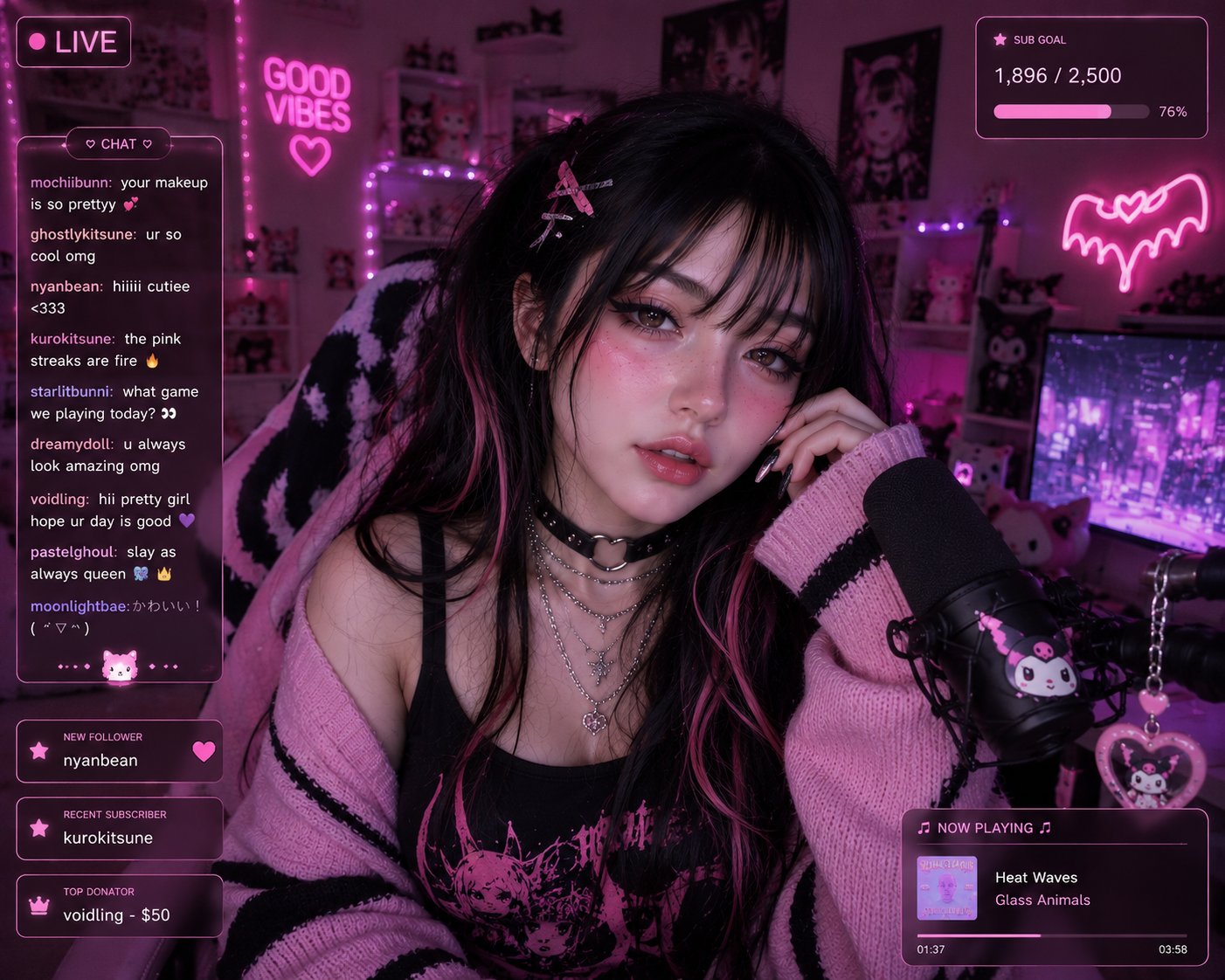 赛博霓虹粉色电竞少女直播 / Cyber Neon Pink Gamer Girl Live Stream Aesthetic，海报与插画，霓虹、海报、插画，案例输出图 1