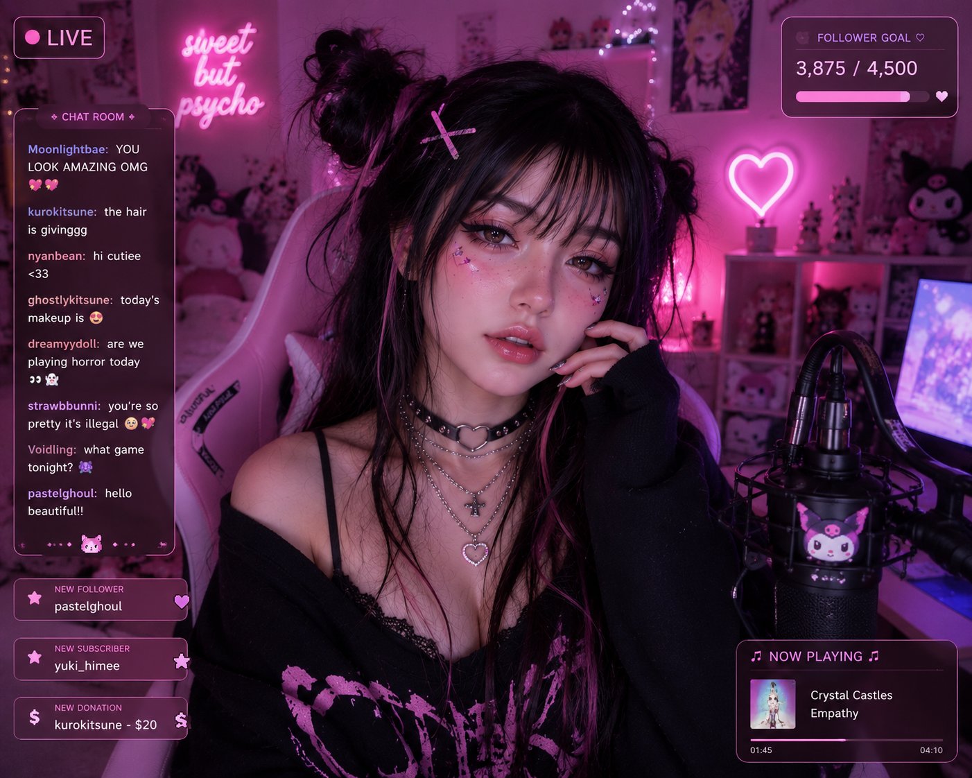 赛博霓虹粉色电竞少女直播 / Cyber Neon Pink Gamer Girl Live Stream Aesthetic，海报与插画，霓虹、海报、插画，案例输出图 2
