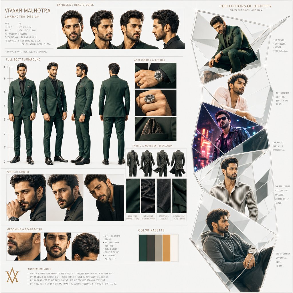 高预算剧情片男主电影感角色设计板 / Cinematic Character Design Board Drama Film Lead，角色设计，35mm、霓虹、人像，案例输出图 1