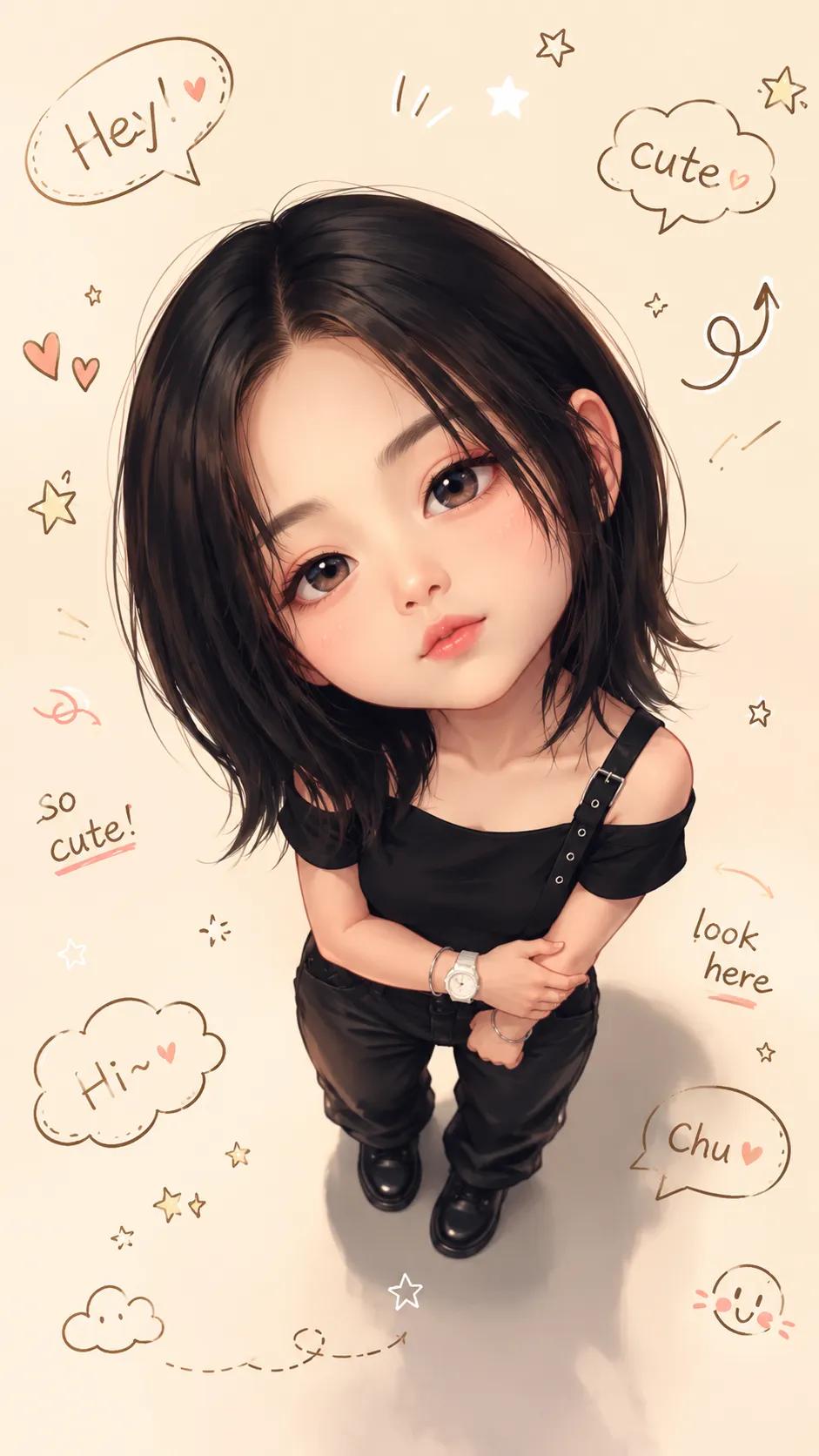 可爱半写实Q版大头贴插画提示词 / Cute Semi Realistic Chibi Caricature Prompt，角色设计，人像、插画、角色，案例输出图 1