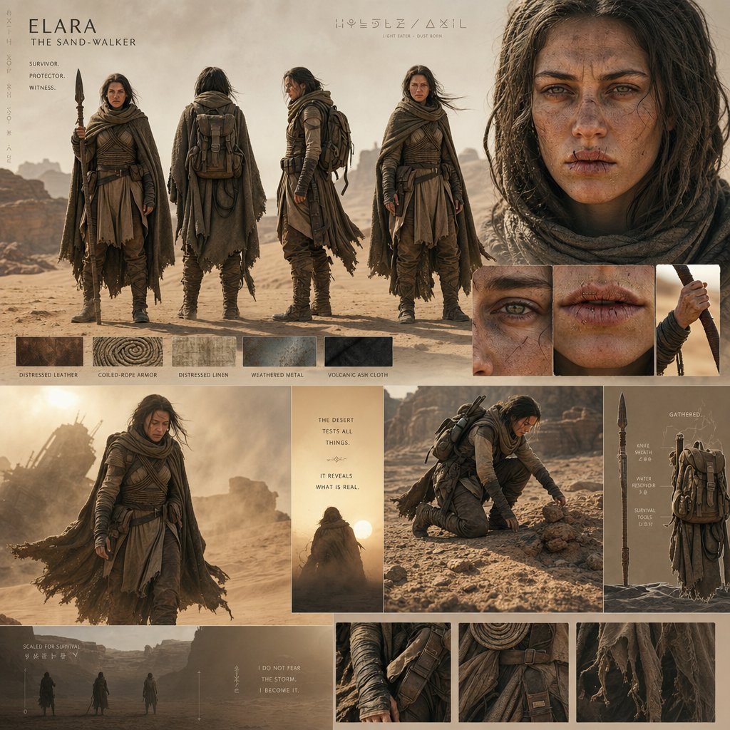 史诗沙漠世界电影角色设计板 / Epic Desert World Cinematic Character Board，角色设计，35mm、人像、电影感，案例输出图 1
