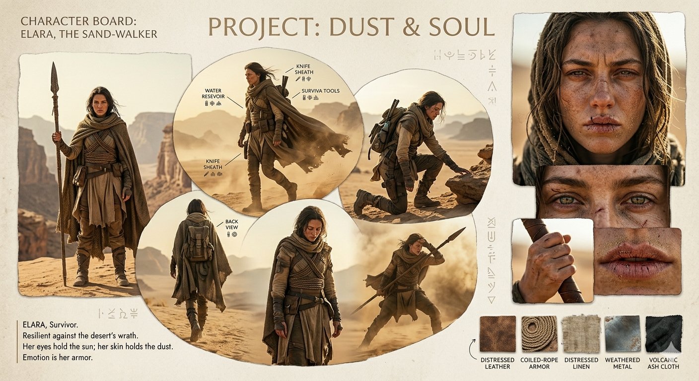 史诗沙漠世界电影角色设计板 / Epic Desert World Cinematic Character Board，角色设计，35mm、人像、电影感，案例输出图 2