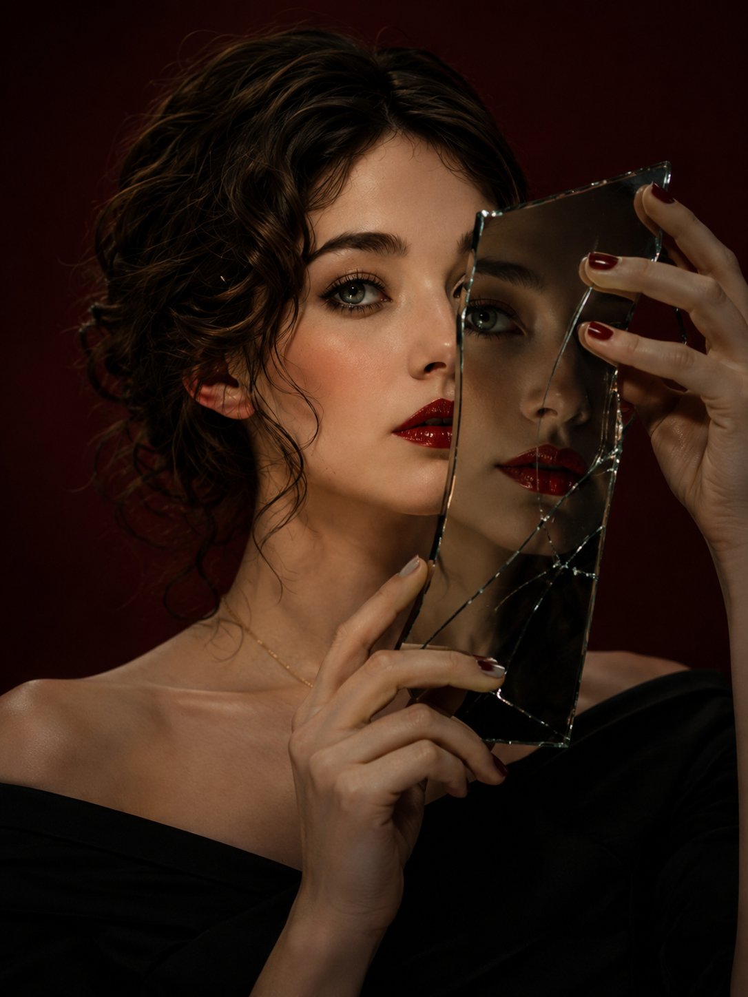 暗黑奢华美妆碎镜人像摄影 / Dark Luxury Beauty Broken Mirror Portrait，角色设计，人像、电影感、时尚，案例输出图 1