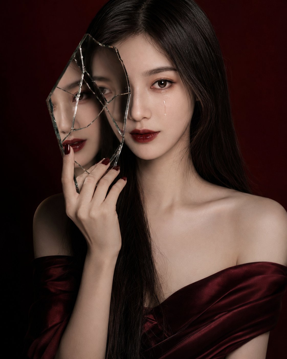 暗黑奢华美妆碎镜人像摄影 / Dark Luxury Beauty Broken Mirror Portrait，角色设计，人像、电影感、时尚，案例输出图 2