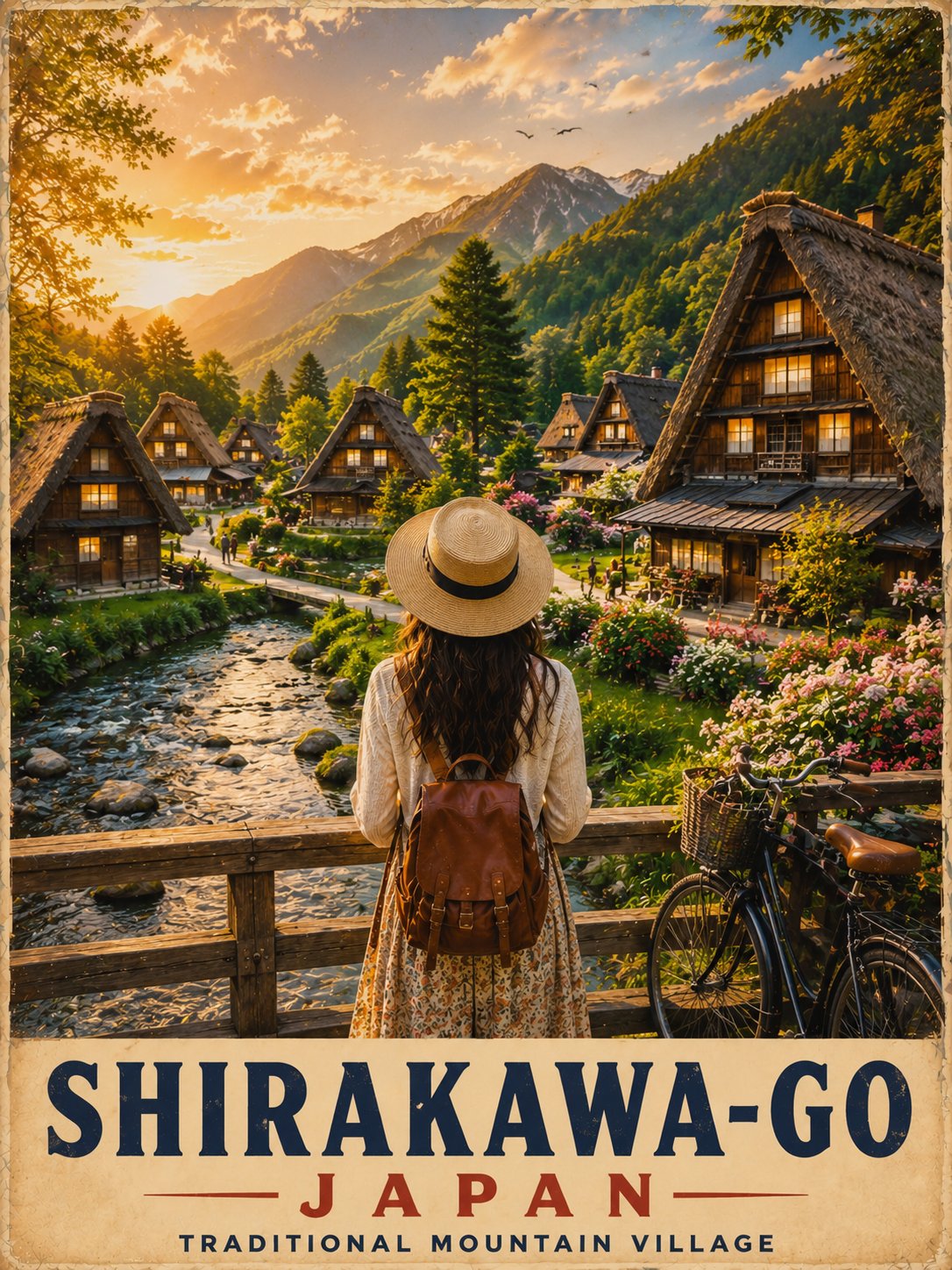 白川乡复古旅行海报金辉落日 / Shirakawa Go Vintage Travel Poster Golden Hour，人像与摄影，人像、电影感、海报，案例输出图 1