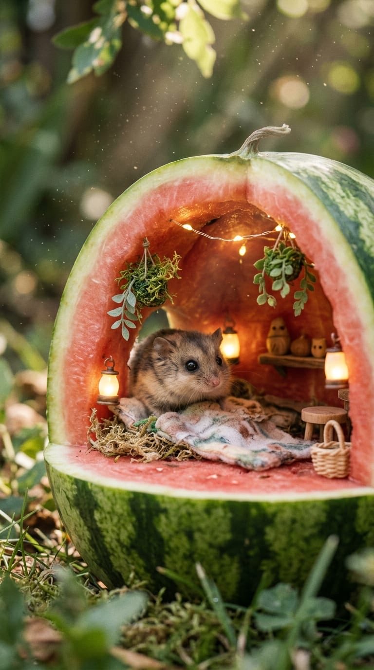 魔法森林水果小屋中的可爱小生物 / Ultra Cute Creature Fruit House Fantasy Scene，人像与摄影，人像、电影感、竖版，案例输出图 2