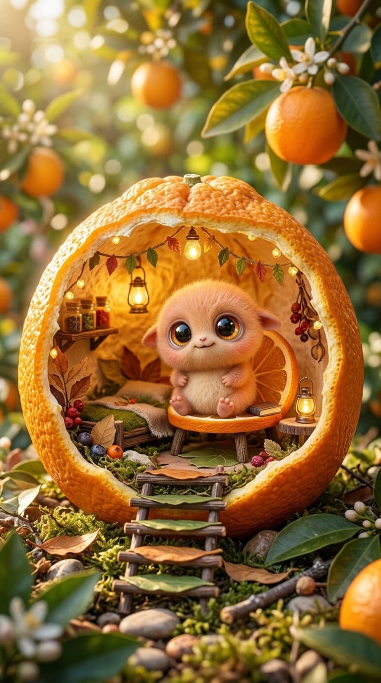 魔法森林水果小屋中的可爱小生物 / Ultra Cute Creature Fruit House Fantasy Scene，人像与摄影，人像、电影感、竖版，案例输出图 1