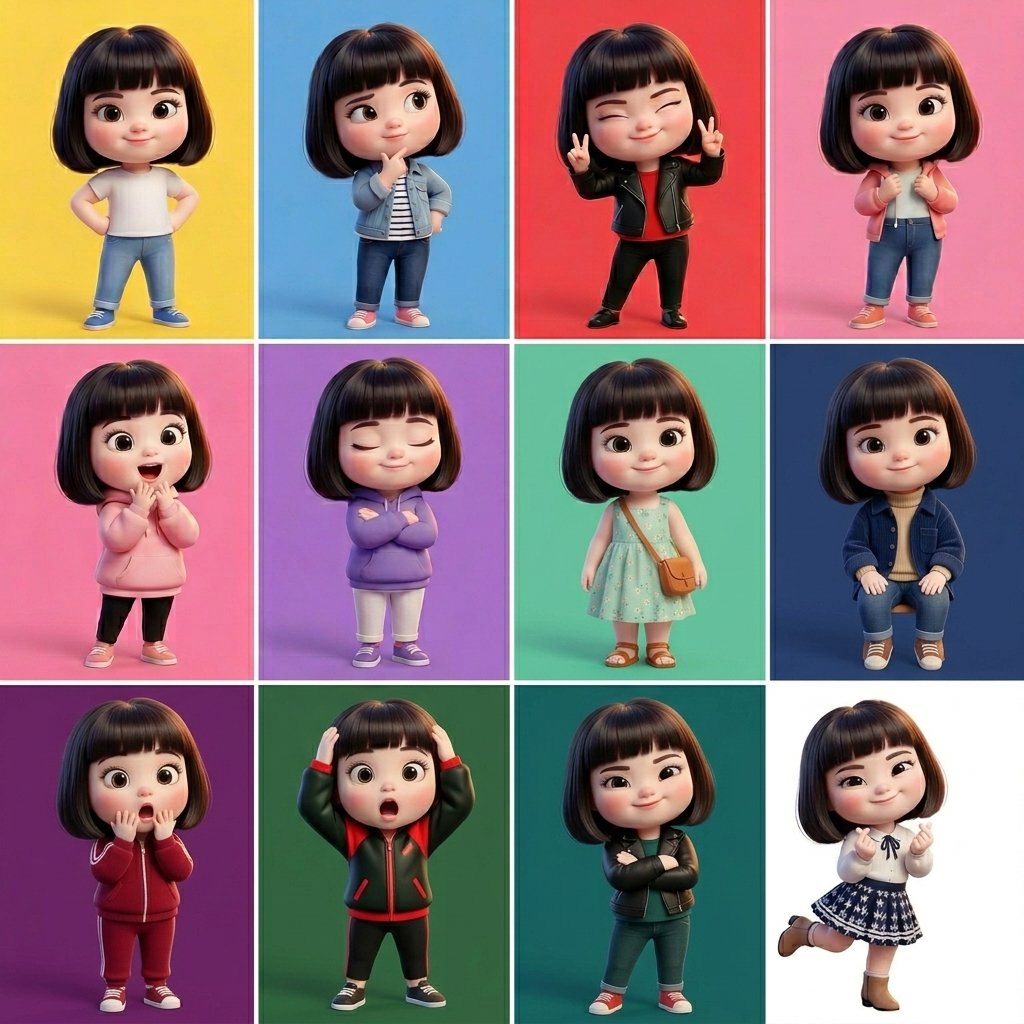 3D风格女孩六格角色设计图 / 3d Animated Doll Girl Character Sheet,角色设计,35mm、电影感、角色,案例输出图 1
