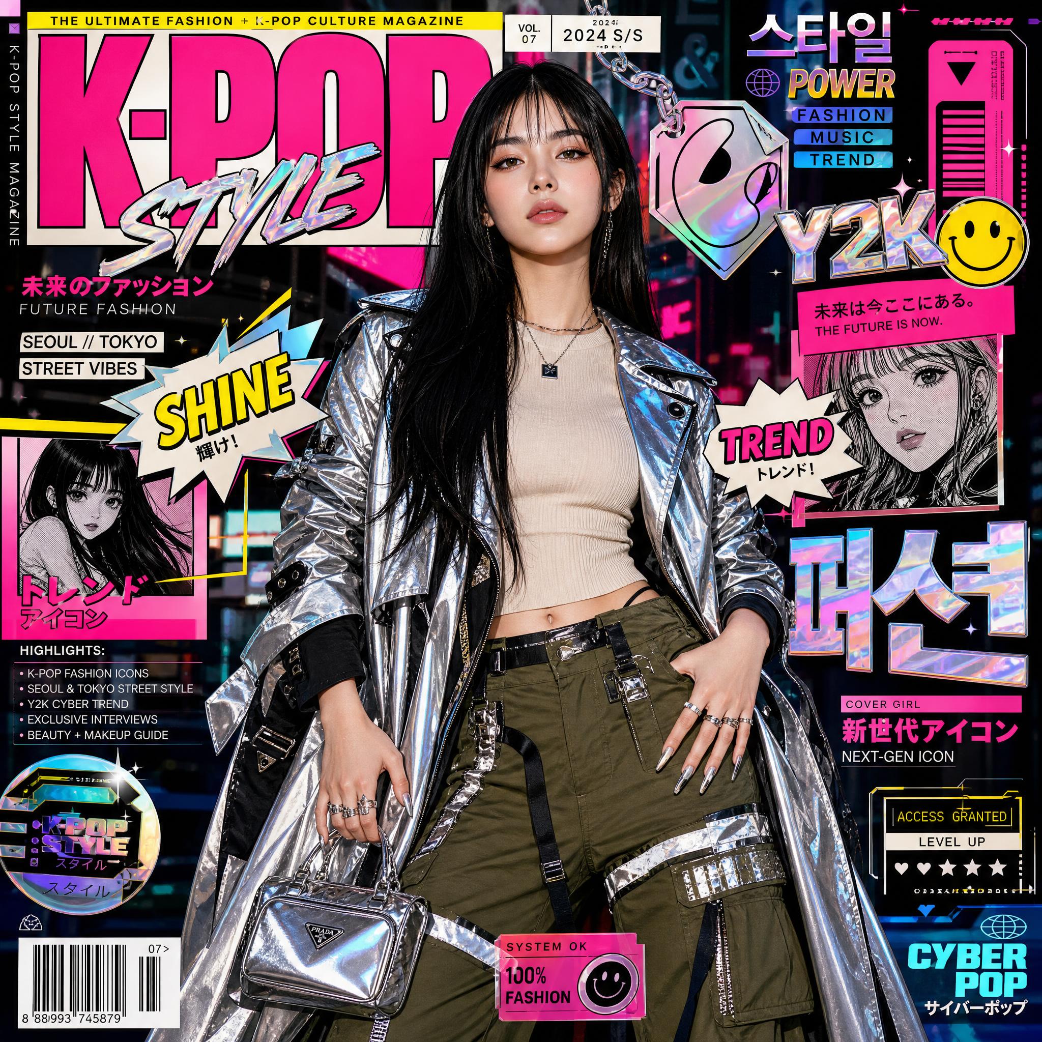 高度风格化Kpop时尚杂志封面未来街头风 / Hyper Stylized Kpop Fashion Magazine Cover，UI 与社交媒体截图，霓虹、电影感、时尚，案例输出图 1