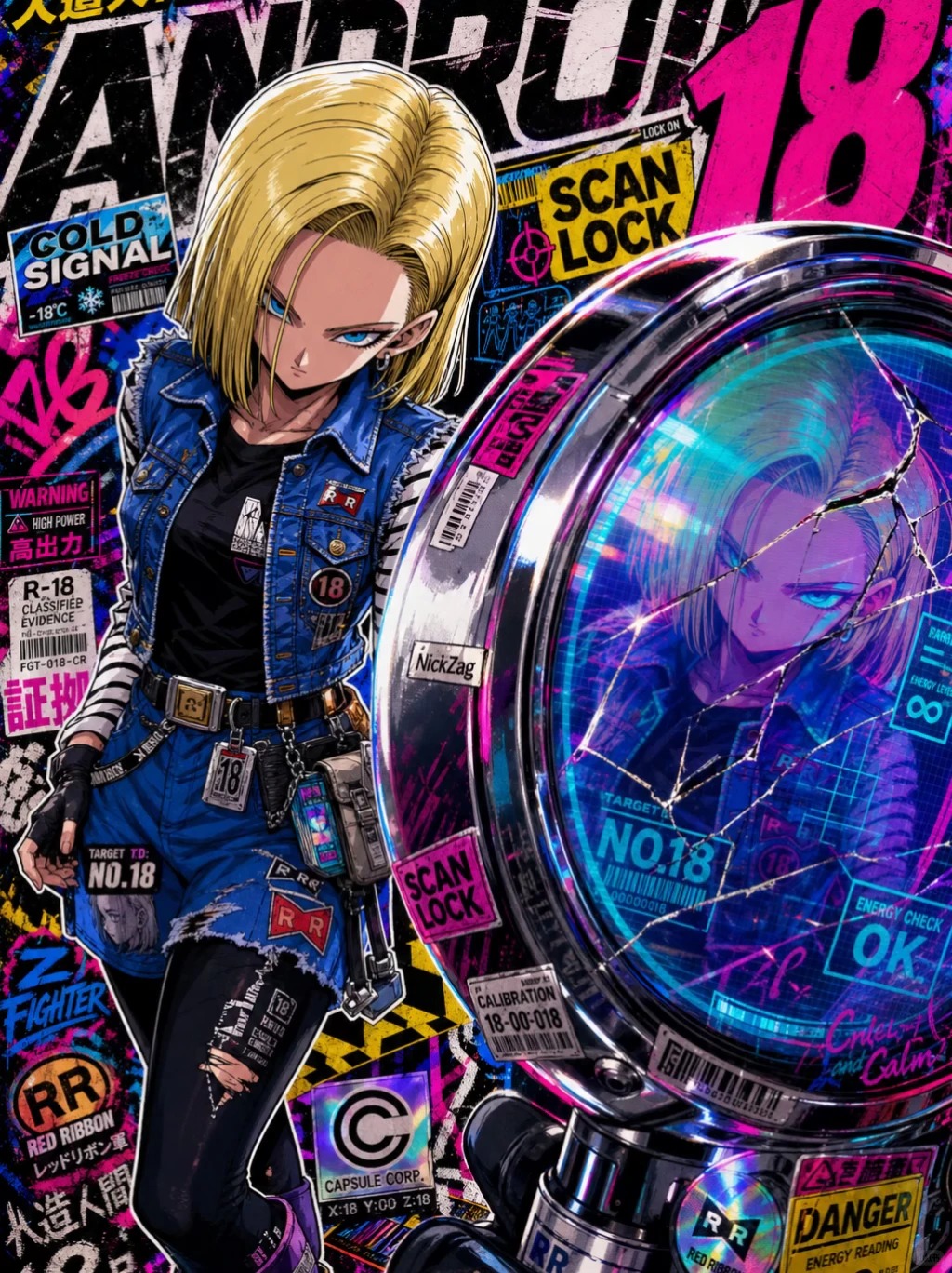 赛博朋克人造人18号机能风收藏卡 / Android 18 Cyberpunk Techwear Collector Card Poster，UI 与社交媒体截图，霓虹、人像、时尚，案例输出图 1