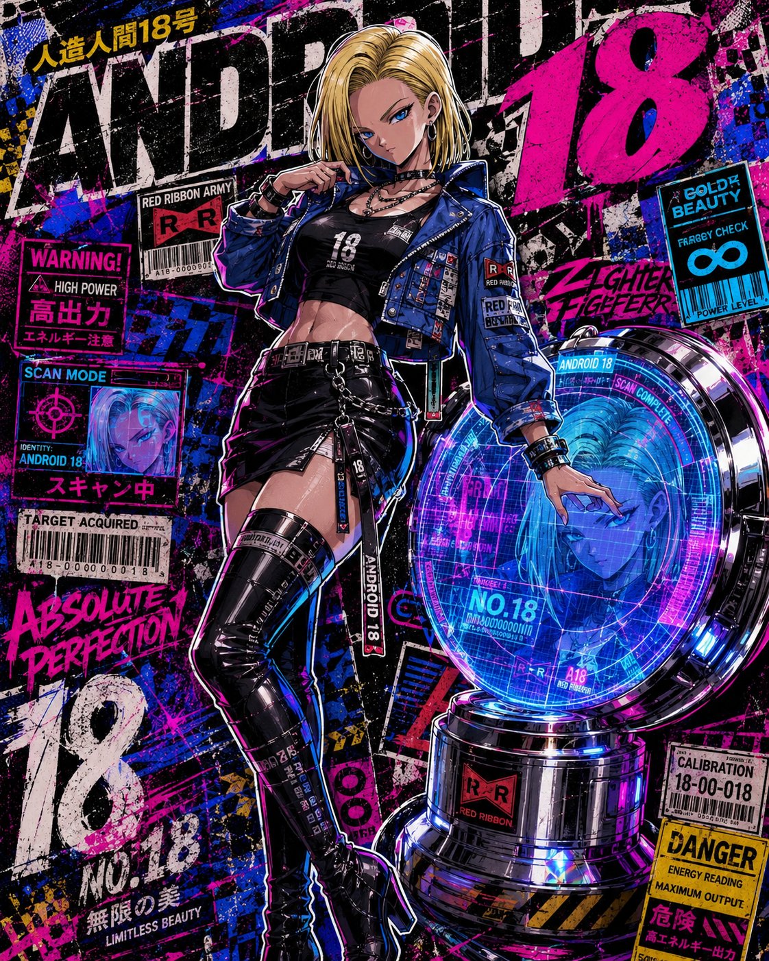 赛博朋克人造人18号机能风收藏卡 / Android 18 Cyberpunk Techwear Collector Card Poster，UI 与社交媒体截图，霓虹、人像、时尚，案例输出图 2