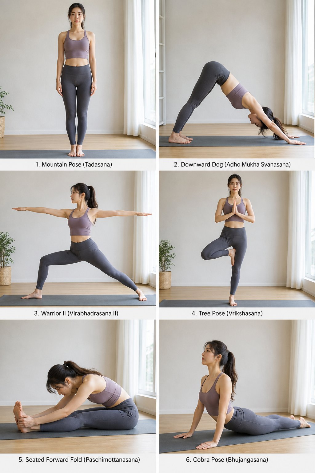 日本女性瑜伽六体式写实网格 / Realistic Yoga Japanese Woman Grid Poses,人像与摄影,人像、极简、排版,案例输出图 1
