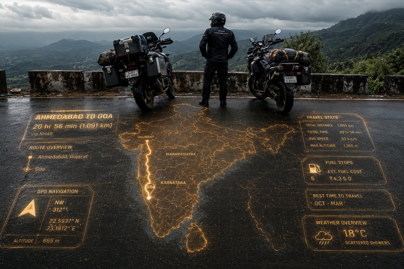 摩托旅行印度全息地图科幻景观 / Cinematic Motorcycle Adventure India Holographic Map Hud,人像与摄影,人像、电影感、城市视觉,案例输出图 1