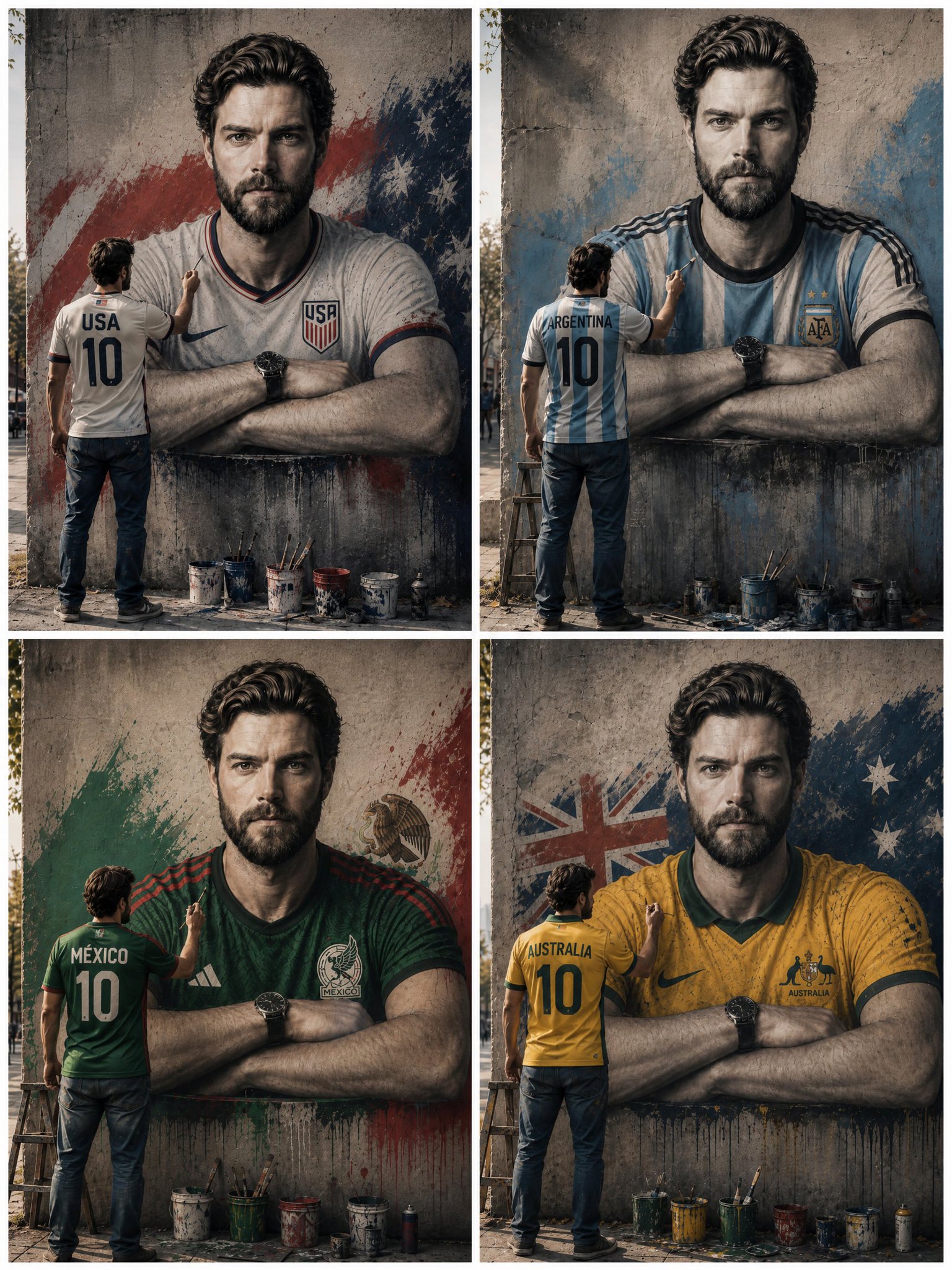 阿根廷球衣男子在墙上绘制超现实自画像 / Surreal Painting Man Argentina Mural Digital Art,人像与摄影,人像、电影感、人像与摄影,案例输出图 1
