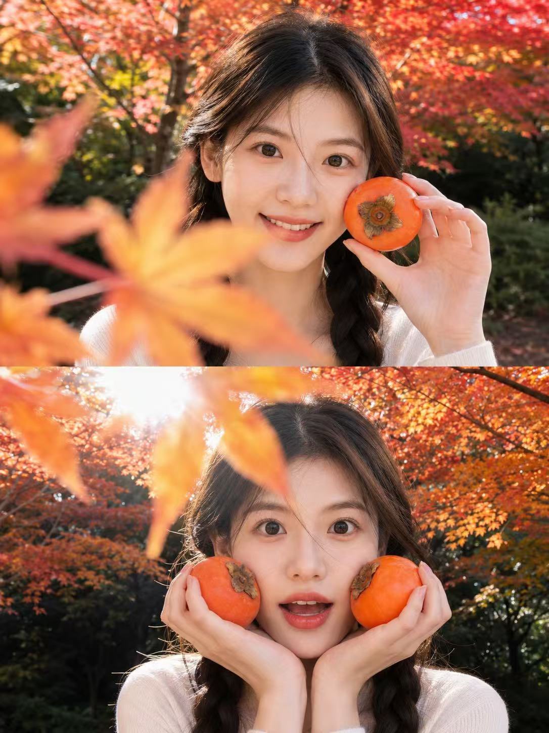 秋季枫林柿子双格人像写真 / Autumn Maple Forest Persimmon Portrait Collage，人像与摄影，人像、电影感、城市视觉，案例输出图 1
