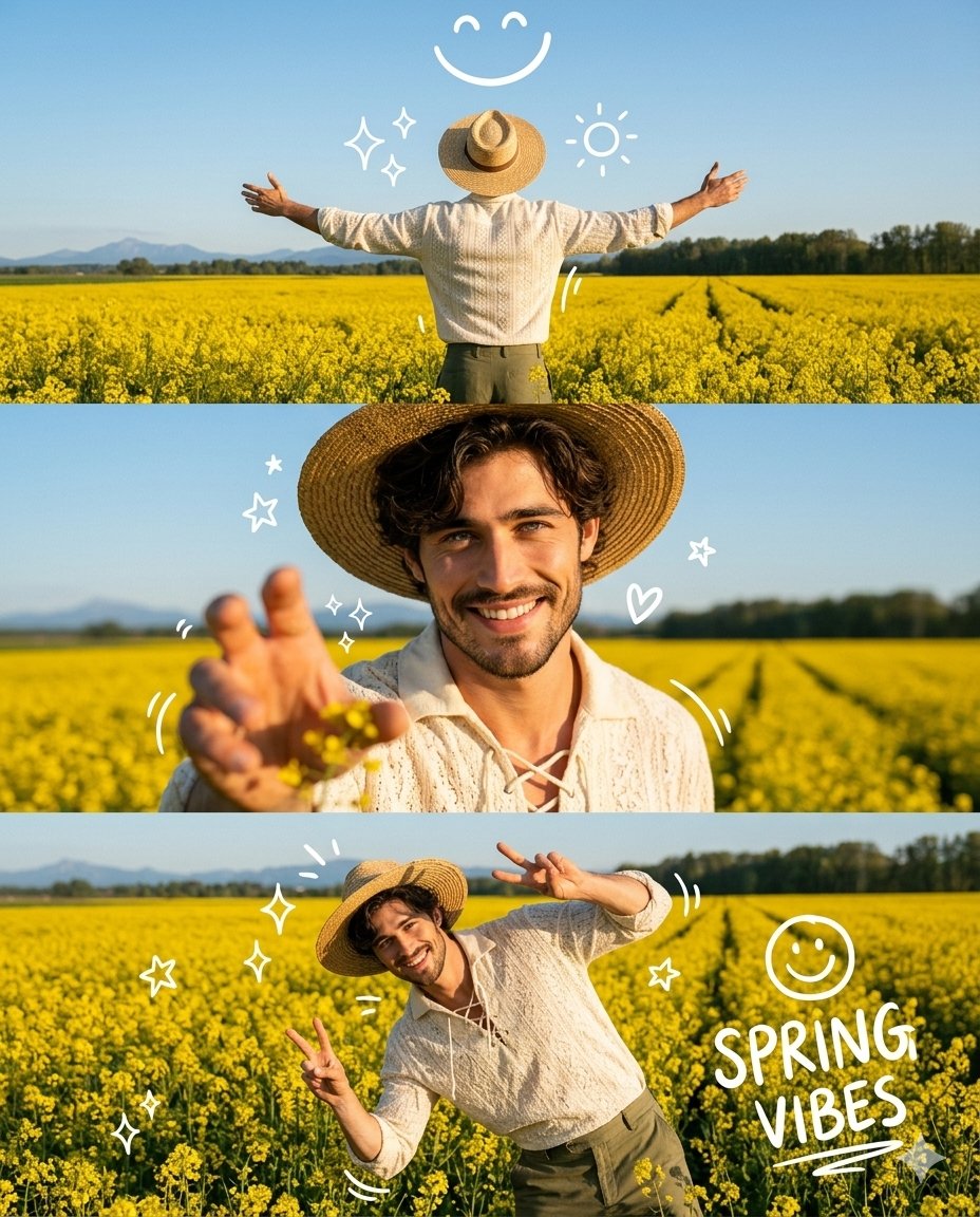芥末花田复古男装春日三格拼贴 / Three Panel Man Mustard Field Spring Collage,人像与摄影,人像、电影感、竖版,案例输出图 1