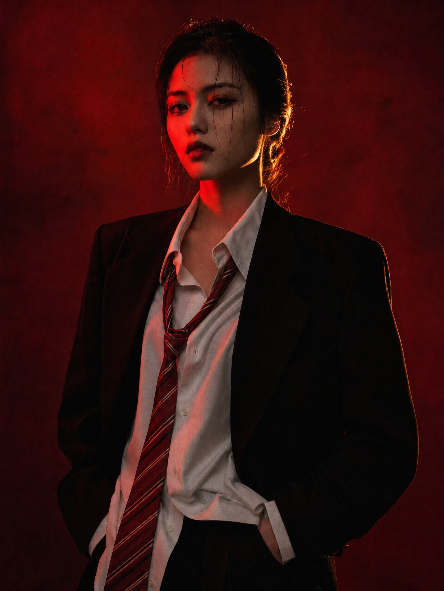 东亚青年深红影调时尚肖像 / Young East Asian Fashion Red Lighting Studio Portrait，人像与摄影，35mm、人像、电影感，案例输出图 2