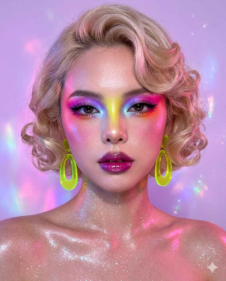 苹果17Pro后置镜头梦幻彩虹妆容人像 / Iphone 17 Pro Hyper Realistic Rainbow Beauty Portrait，人像与摄影，霓虹、人像、时尚，案例输出图 1