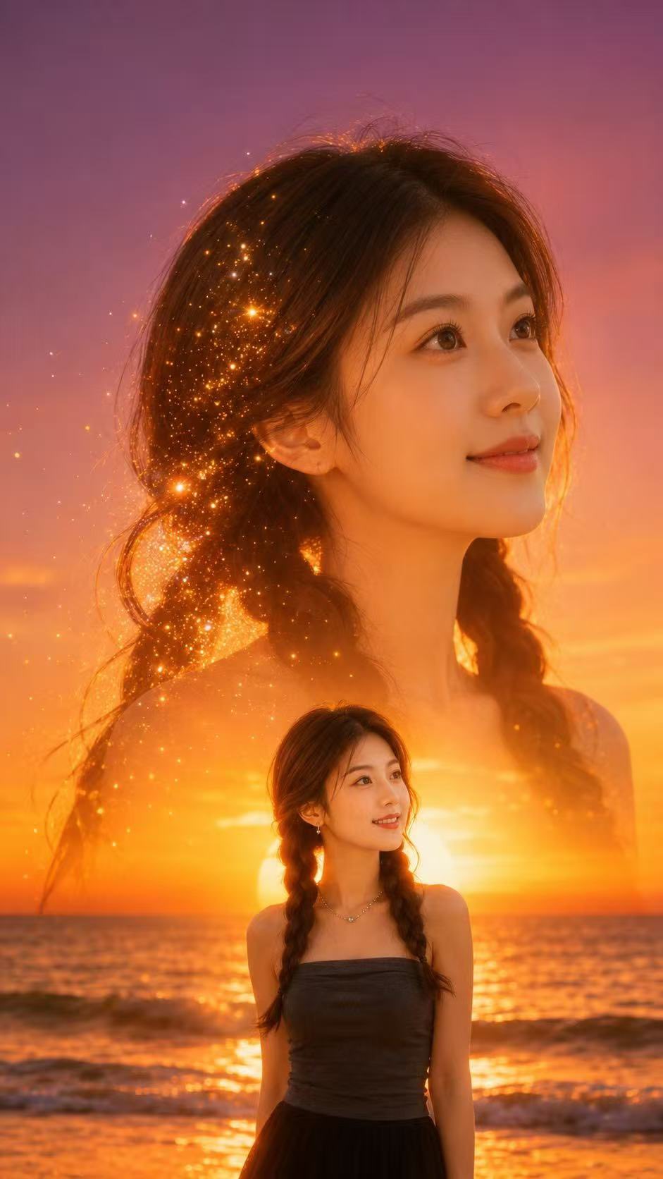 电影级唯美海滩双重曝光人像 / Cinematic Dreamy Double Exposure Sunset Portrait，角色设计，35mm、人像、电影感，案例输出图 1