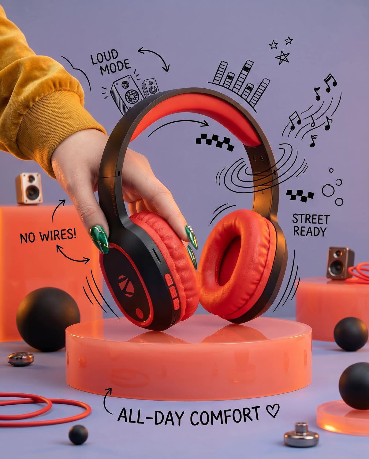 霓虹涂鸦风格无线耳机广告大片 / Ultra Realistic Wireless Headphones Product Photography Neon Doodles，人像与摄影，霓虹、人像、电影感，案例输出图 1