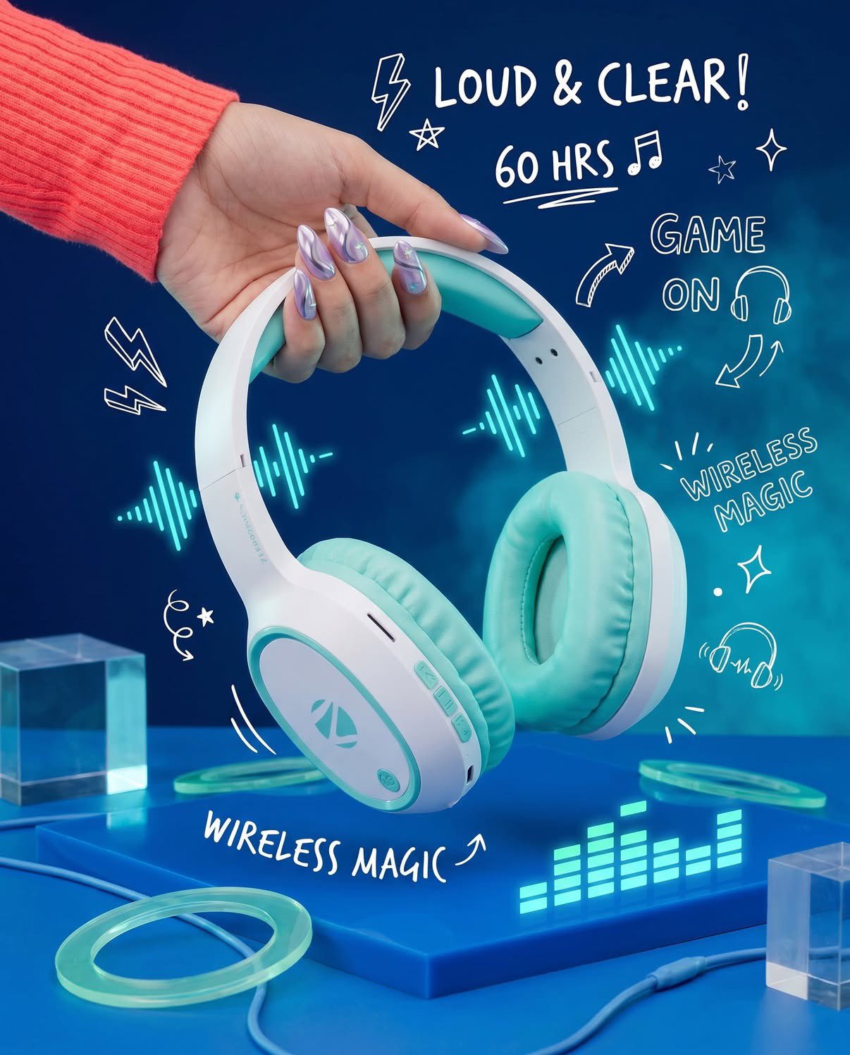 霓虹涂鸦风格无线耳机广告大片 / Ultra Realistic Wireless Headphones Product Photography Neon Doodles，人像与摄影，霓虹、人像、电影感，案例输出图 2