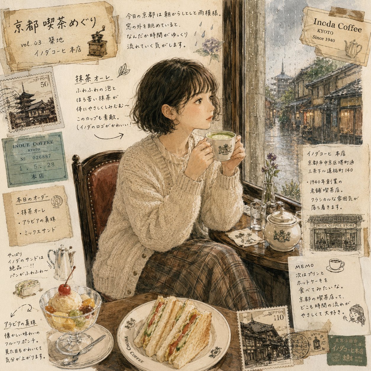 雨中京都咖啡馆日本女性复古写真与插画 / Kyoto Cafe Rainy Day Japanese Woman Photography Illustration，角色设计，人像、电影感、时尚，案例输出图 1