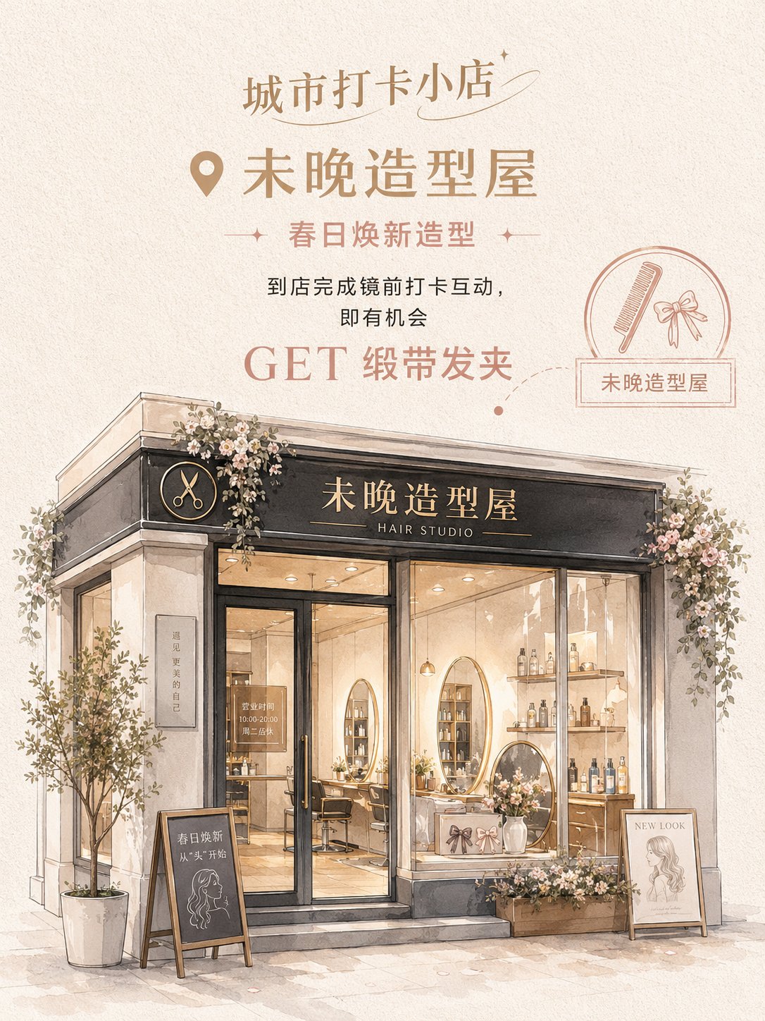 半写实手绘门店打卡海报生成 / Semi Realistic Hand Drawn Store Check In Poster，模型对比与社区，时尚、海报、插画，案例输出图 1