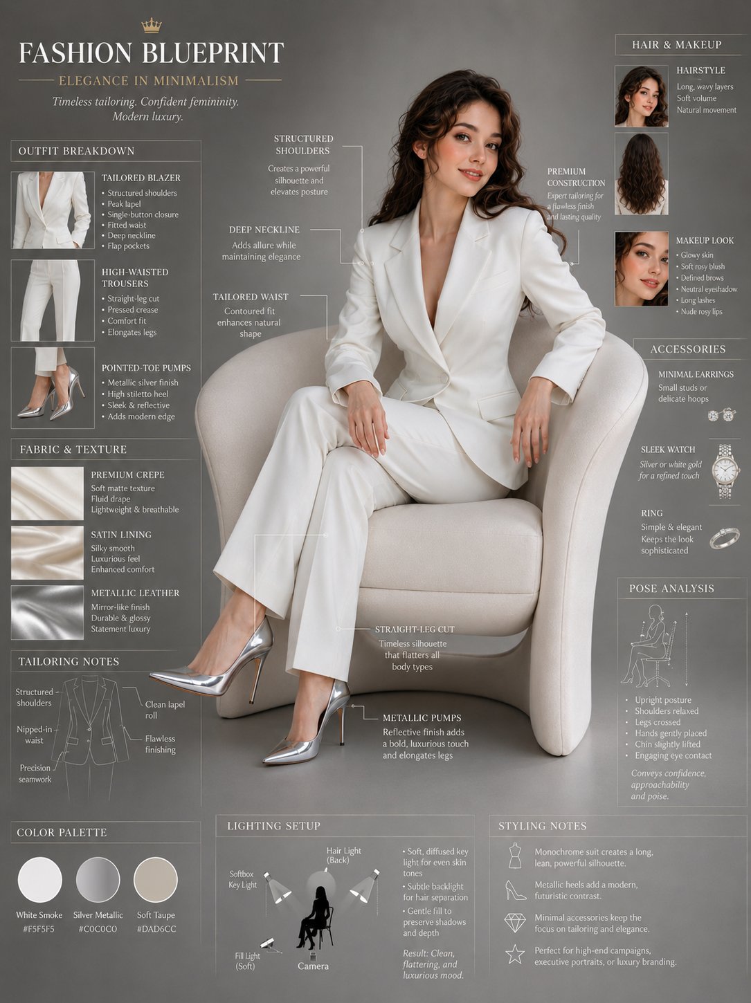 优雅女性现代休息椅时尚蓝图 / Elegant Woman Modern Lounge Chair Fashion Blueprint Sheet,人像与摄影,人像、电影感、时尚,案例输出图 1