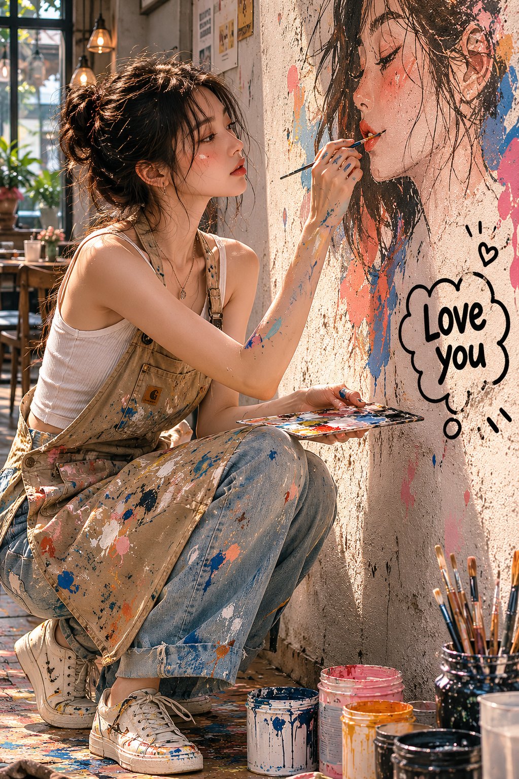 咖啡馆创作壁画的写实社论人像 / Realistic Editorial Cafe Mural Portrait，人像与摄影，人像、电影感、时尚，案例输出图 1