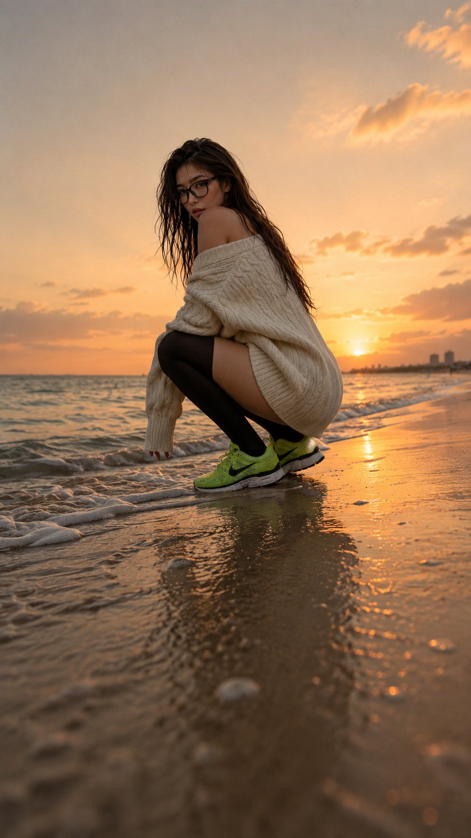 复古胶片感日韩模特沙滩夕阳人像 / Japanese Korean Model Beach Sunset Fujifilm Style，人像与摄影，35mm、霓虹、人像，案例输出图 2