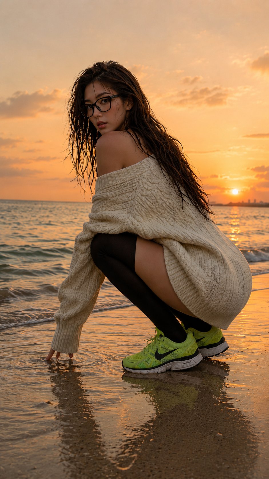 复古胶片感日韩模特沙滩夕阳人像 / Japanese Korean Model Beach Sunset Fujifilm Style，人像与摄影，35mm、霓虹、人像，案例输出图 1