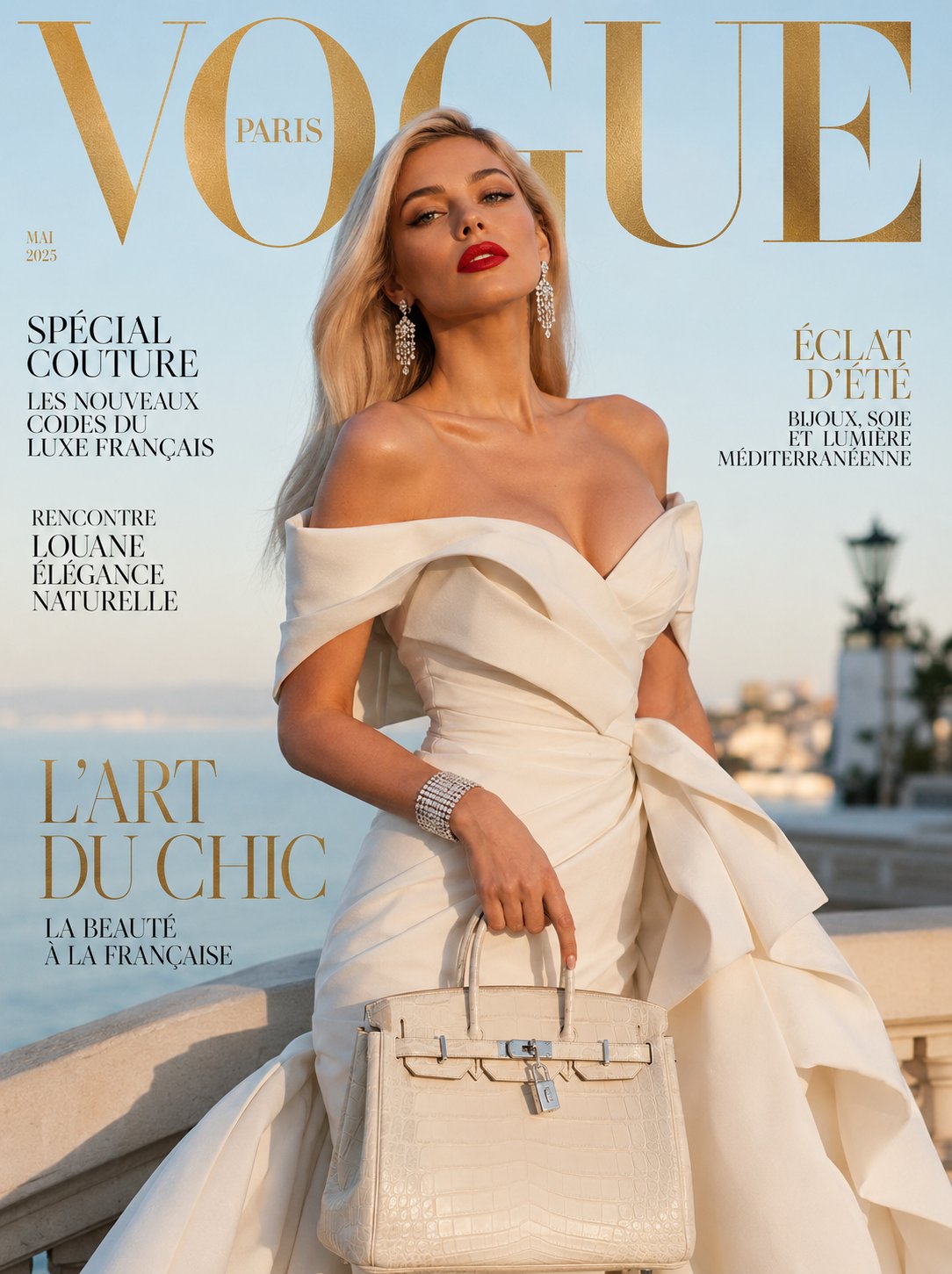 超写实奢华杂志封面优雅法国女性象牙白礼服 / Ultra Realistic Luxury Fashion Magazine Cover French Woman Ivory Gown,人像与摄影,人像、电影感、时尚,案例输出图 1
