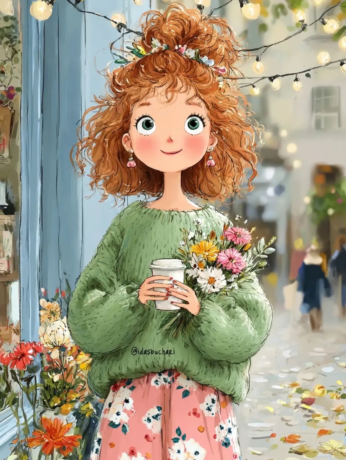 奇幻水彩风欧洲街头女孩插画 / Whimsical Watercolor Girl European Street，人像与摄影，人像、电影感、插画，案例输出图 1
