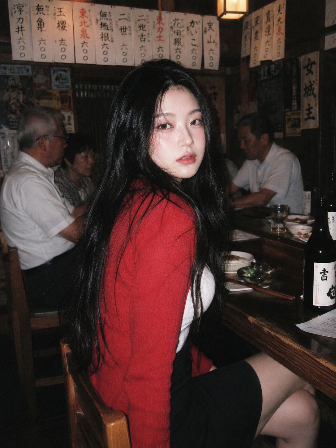 90年代日本居酒屋红衣少女胶片快照 / 90s Disposable Camera Japanese Izakaya Woman Red Cardigan，海报与插画，35mm、海报、插画，案例输出图 1