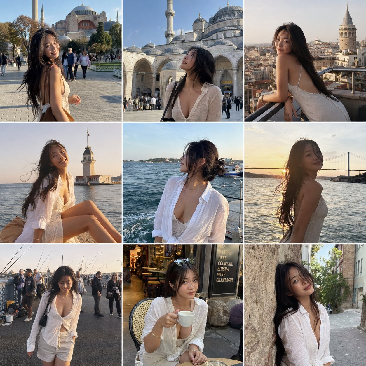 伊斯坦布尔魅力女性自然旅拍九宫格组图 / Istanbul Travel Instagram 3x3 Grid Woman Smartphone Style，UI 与社交媒体截图，UI、截图、城市视觉，案例输出图 1