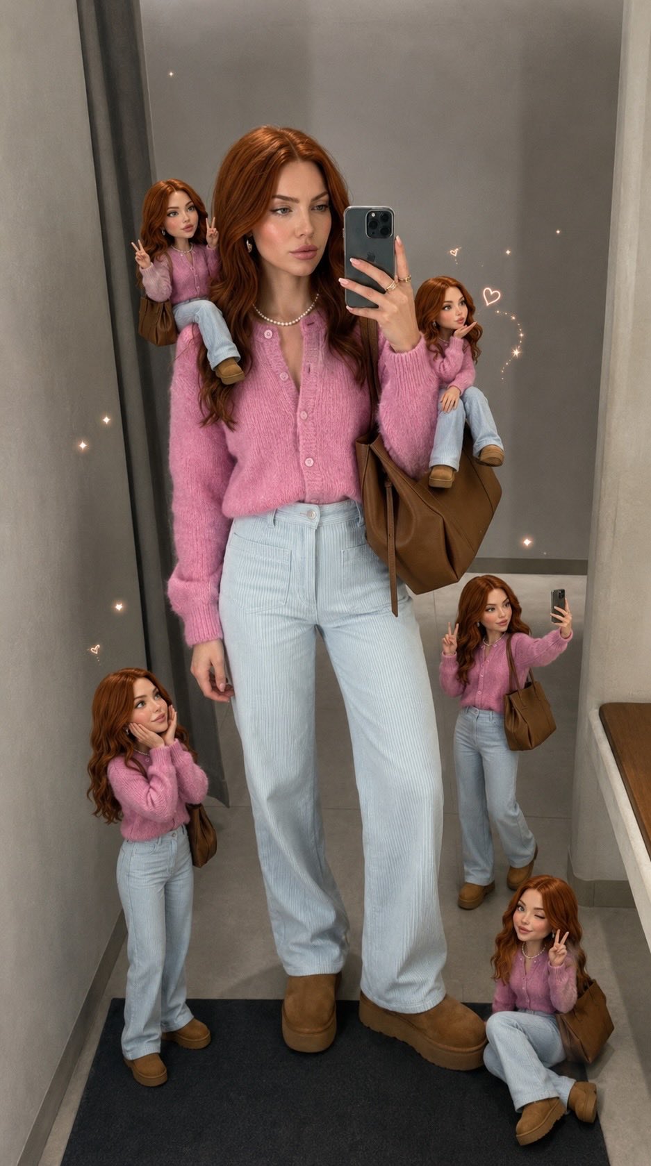 红发女子试衣间镜面自拍与微缩人偶 / Fantasy Fashion Red Hair Mirror Selfie Miniature Dolls，人像与摄影，35mm、人像、电影感，案例输出图 1