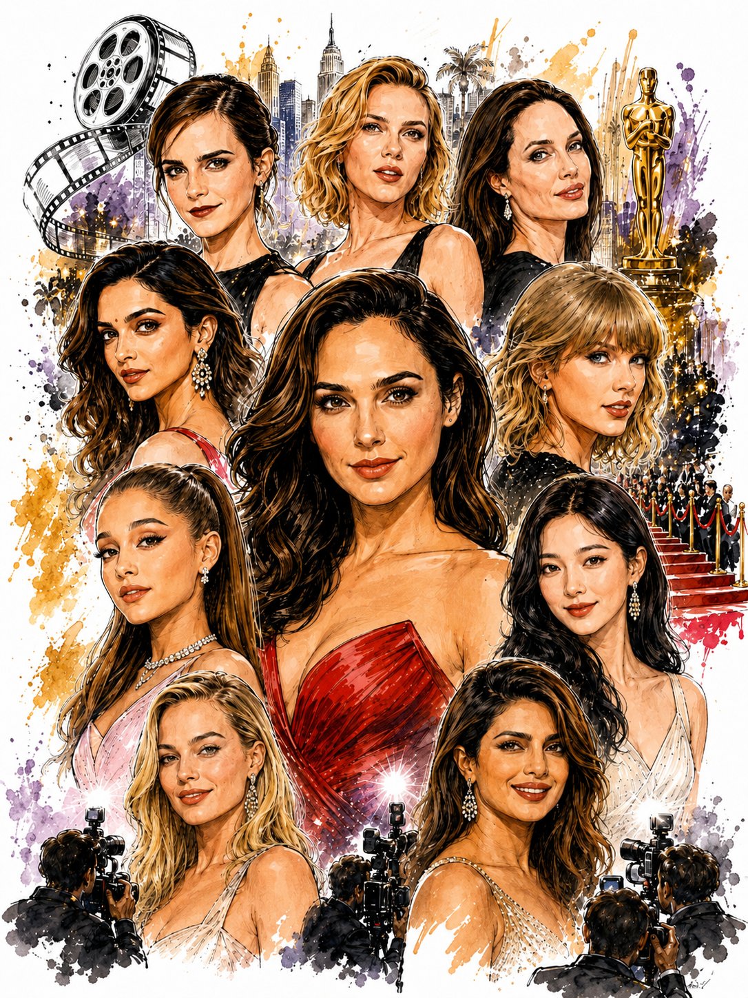 好莱坞红毯名伶水彩时尚拼贴插画 / Hollywood Red Carpet Celebrities Watercolor Fashion Collage,人像与摄影,35mm、人像、电影感,案例输出图 1
