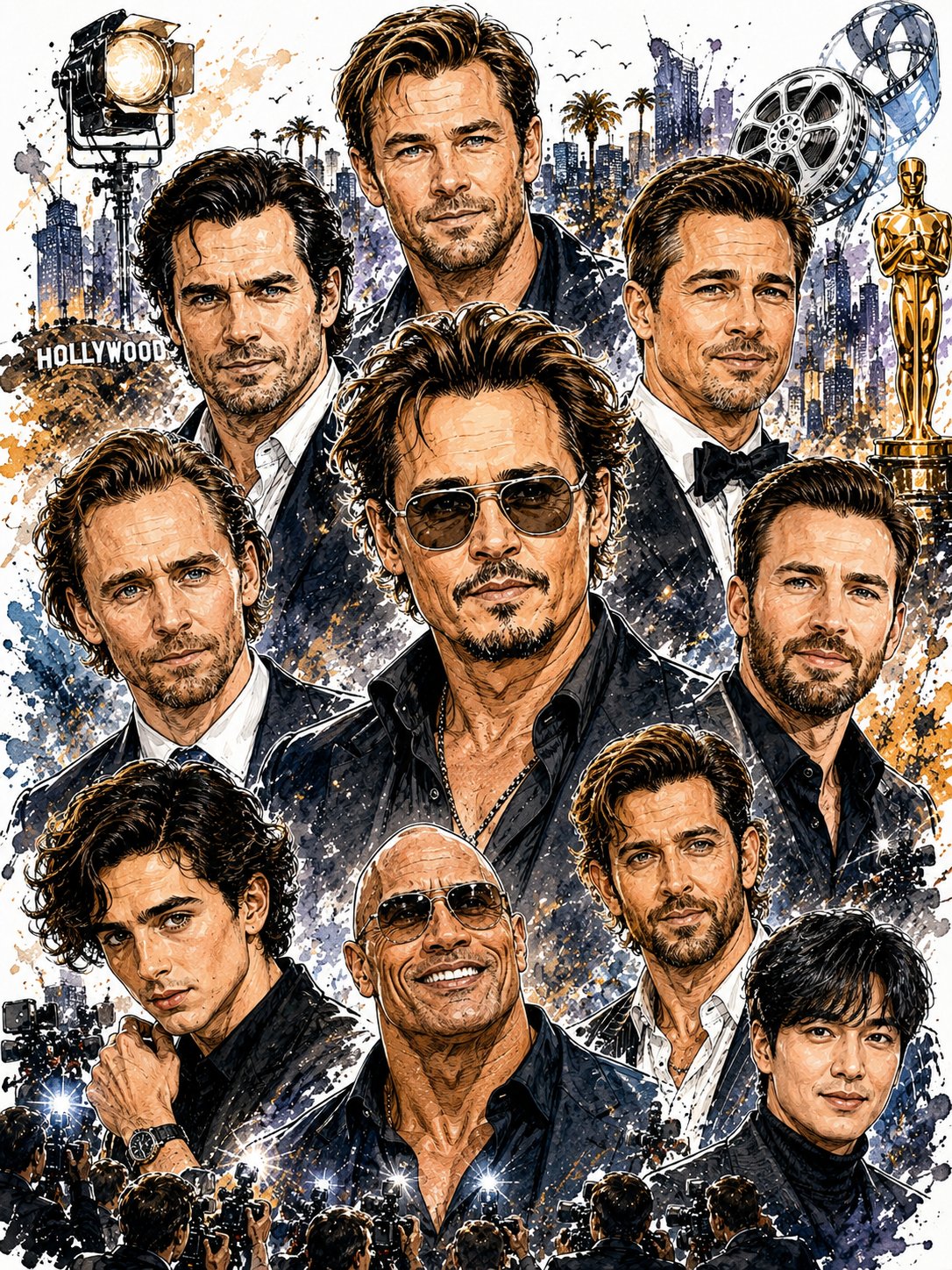 好莱坞红毯名伶水彩时尚拼贴插画 / Hollywood Red Carpet Celebrities Watercolor Fashion Collage，人像与摄影，35mm、人像、电影感，案例输出图 2