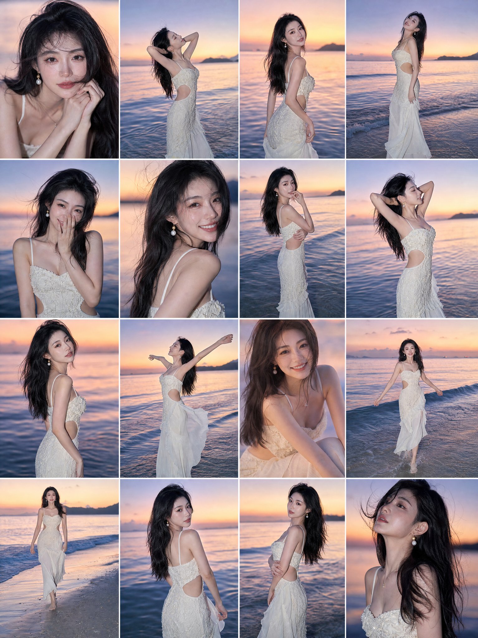夕阳海滩东亚女性人像十六宫格 / Sunset Beach Portrait Grid East Asian Woman，人像与摄影，人像、电影感、时尚，案例输出图 1