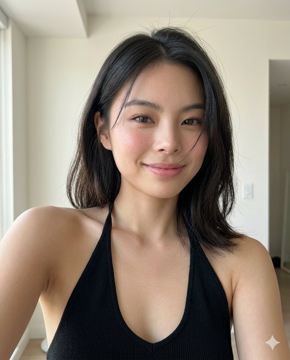 室内极简自然光iPhone自拍人像 / Hyper Realistic Iphone 17 Pro Selfie Portrait,人像与摄影,人像、电影感、极简,案例输出图 1