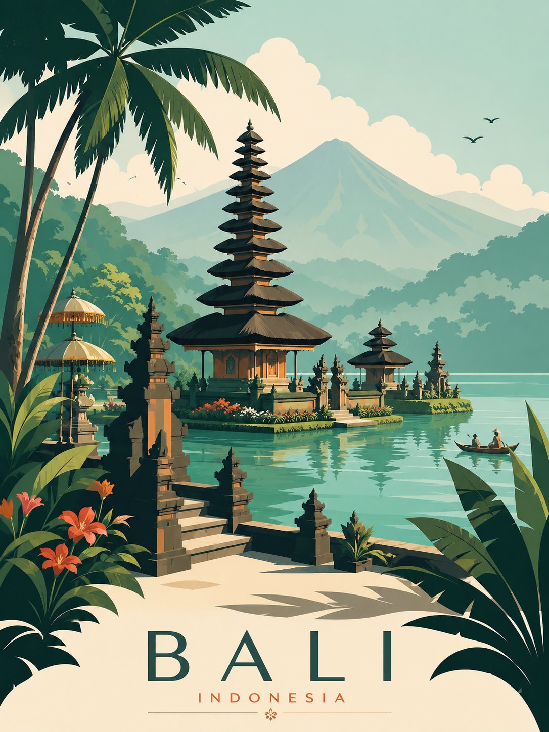 极简主义巴厘岛复古旅行海报插画 / Minimalist Bali Vintage Travel Poster Illustration，人像与摄影，人像、电影感、海报，案例输出图 2