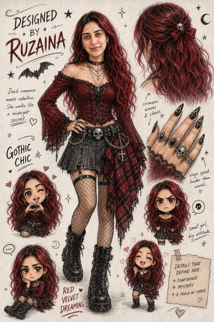 红发前卫哥特风动漫角色设计图 / Anime Gothic Fashion Design Concept Sketch Sheet，角色设计，时尚、插画、角色，案例输出图 1