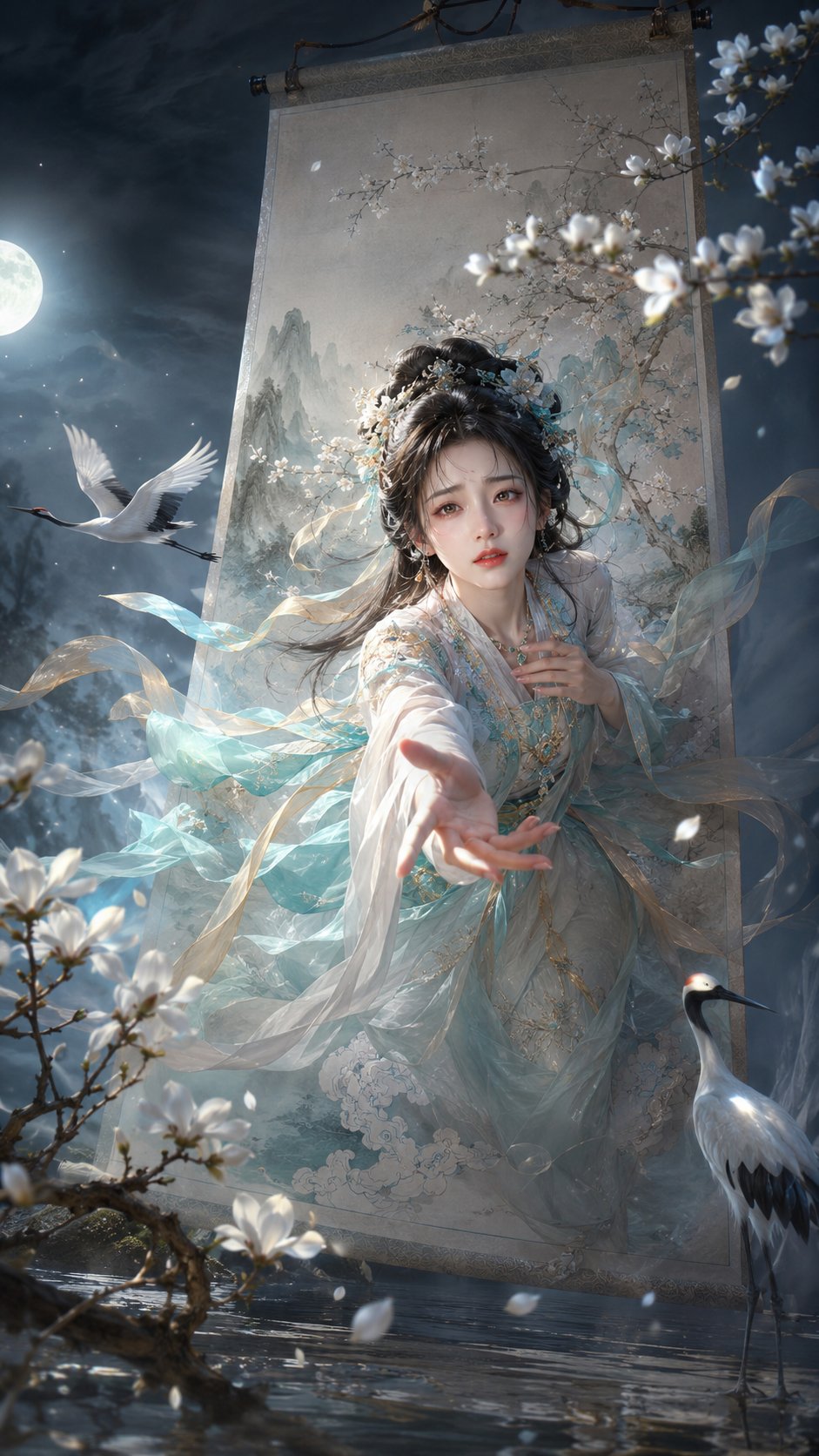 画中美人破卷而出东方奇幻海报 / Beauty Emerging From Scroll Oriental Fantasy Poster，角色设计，人像、电影感、海报，案例输出图 1