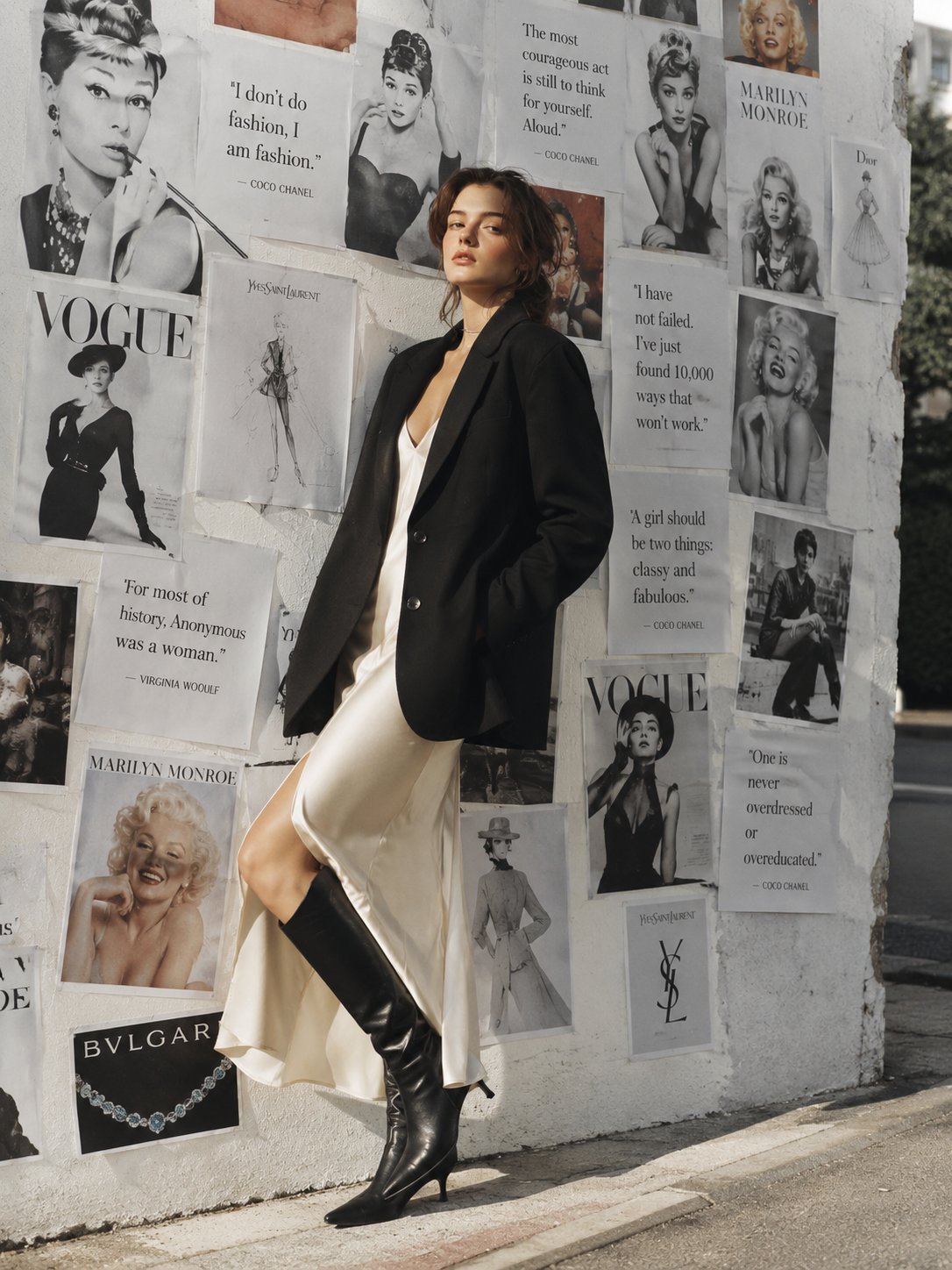 巴黎时尚画报墙前的电影感复古人像 / Cinematic Parisian Fashion Portrait Vintage Vogue Wall，人像与摄影，35mm、人像、电影感，案例输出图 1