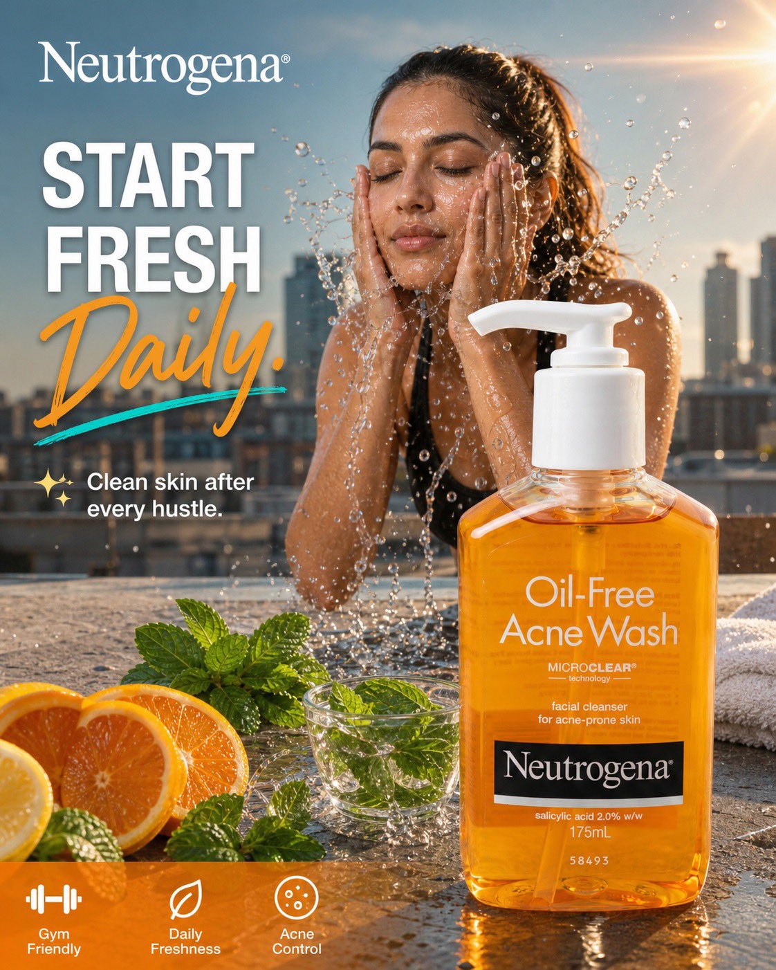 露得清无油祛痘洁面乳超写实广告海报 / Neutrogena Oil Free Acne Wash Luxury Skincare Ad，人像与摄影，人像、电影感、时尚，案例输出图 2