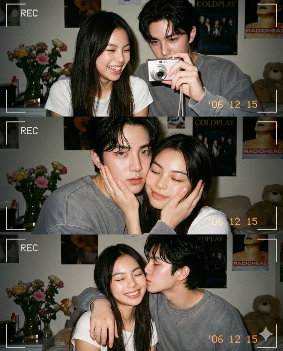 2000年代卧室青春情侣怀旧抓拍 / Early 2000s Bedroom Teenage Couple Nostalgic Snapshot，UI 与社交媒体截图，35mm、电影感、时尚，案例输出图 1