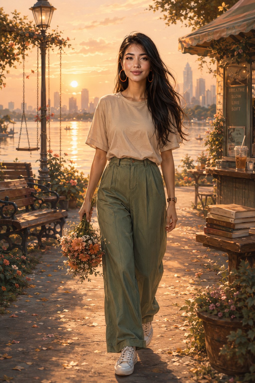 湖边漫步的现代感少女金色傍晚全身像 / Full Body Portrait Woman Lakeside Park Golden Hour，人像与摄影，人像、电影感、城市视觉，案例输出图 1